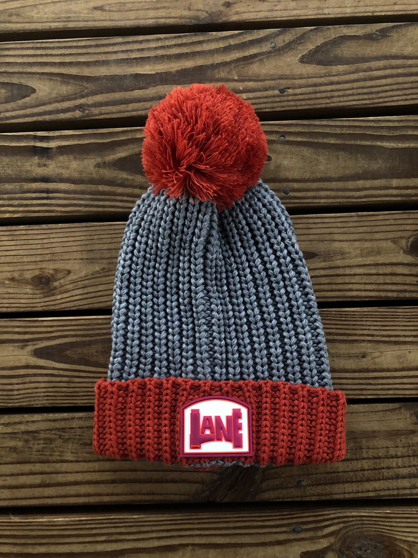 LANE Pom Beanie - Grey/Orange