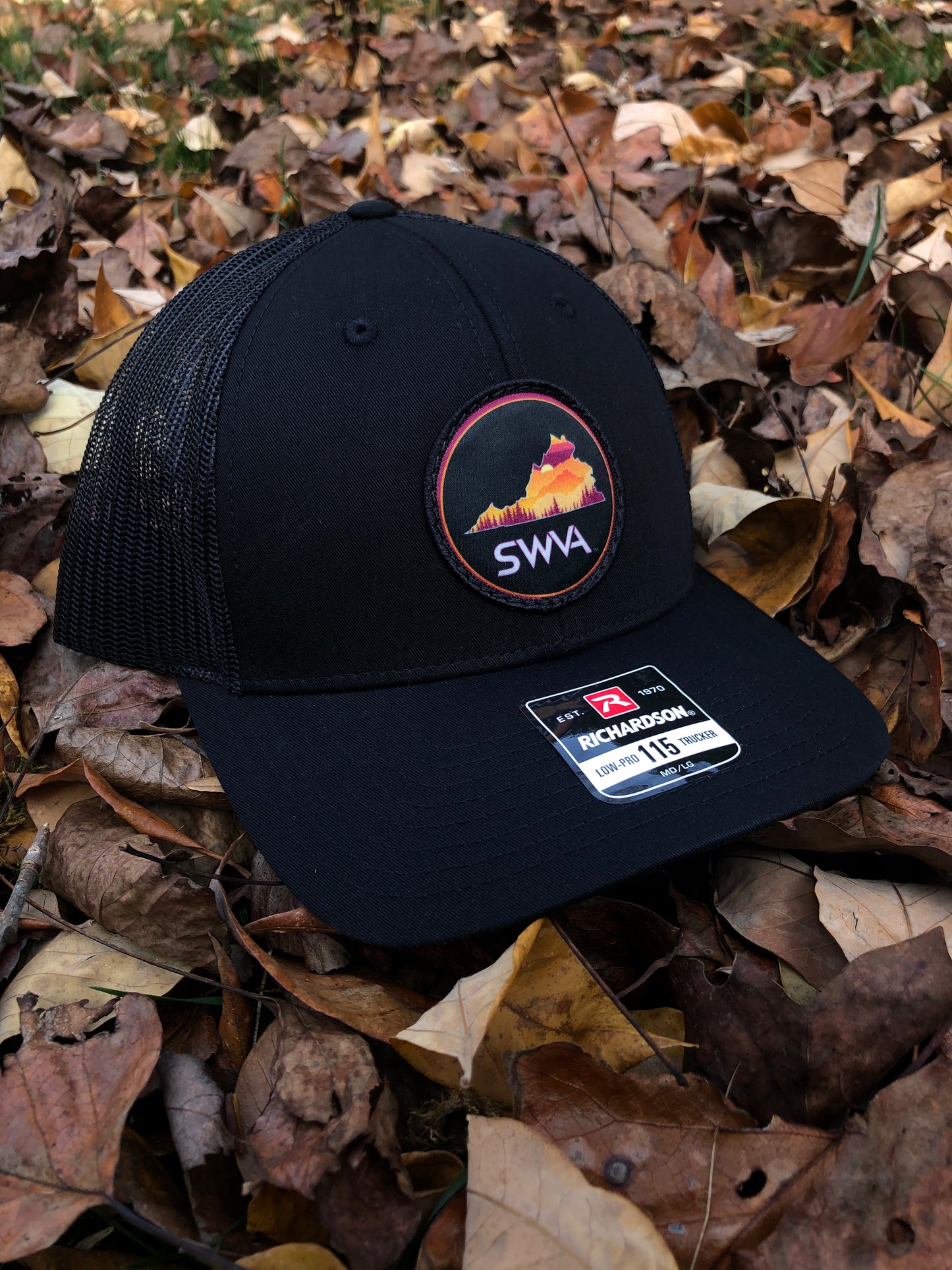 SWVA Trucker Hat (Black/Black) - Maroon/Orange Patch