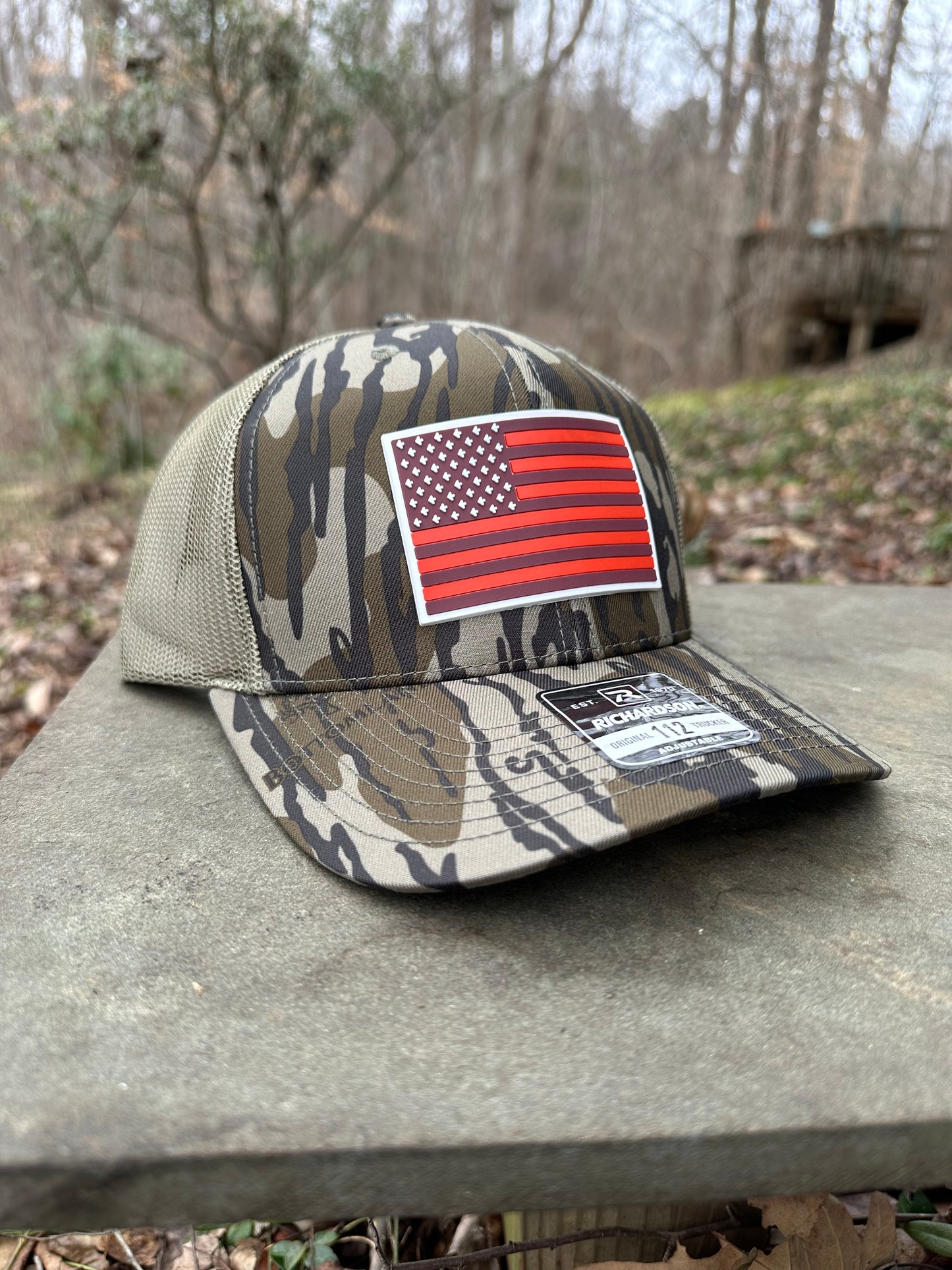 Turkey Tracks Flag Patch Hat - Bottomland Camo